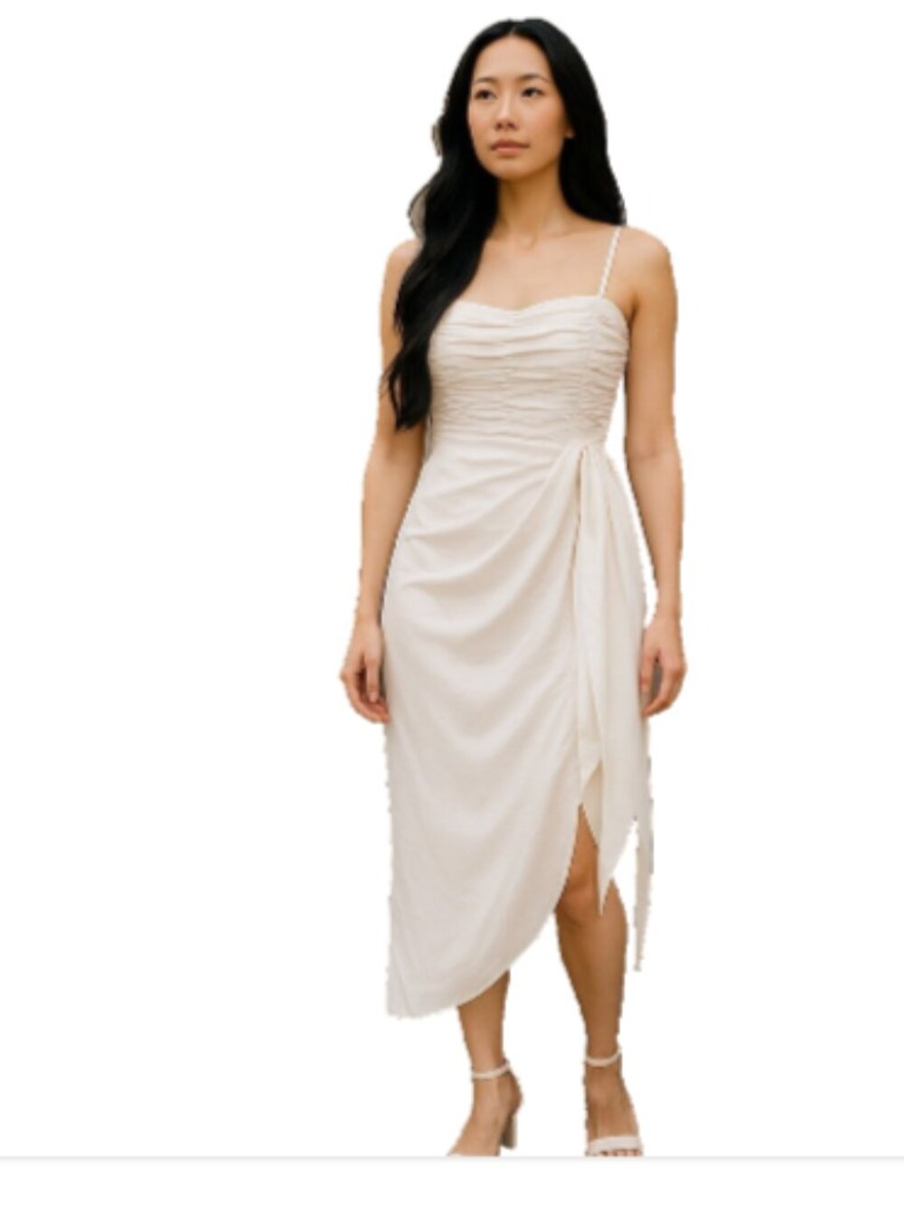 NWT WAYF Ivory Spaghetti Strap Midi Dress L Ruched Side Tie Wedding Guest